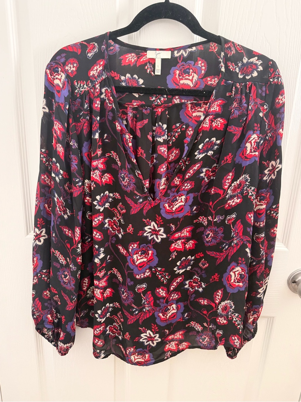 Joie Black Floral V-Neck Blouse with Red and Purple Accents